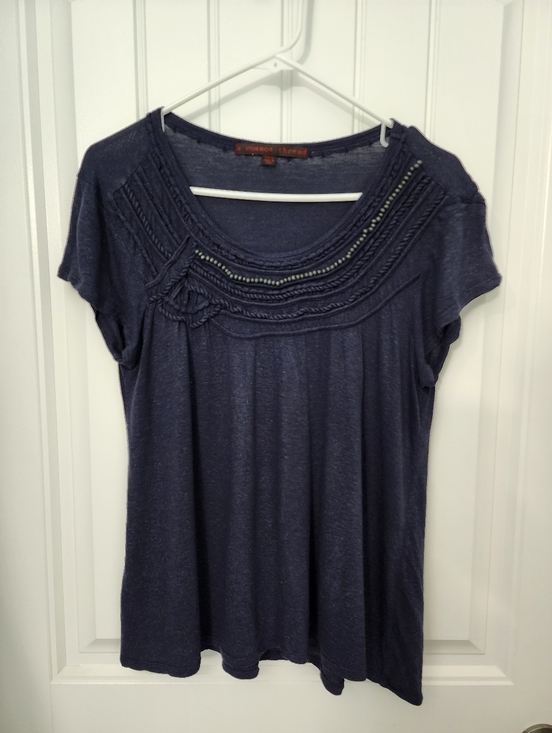 A Common Thread Tops - A Common Thread Heather Navy Blue Beaded Scoop-neck Short Sleeve Tee, Size XL